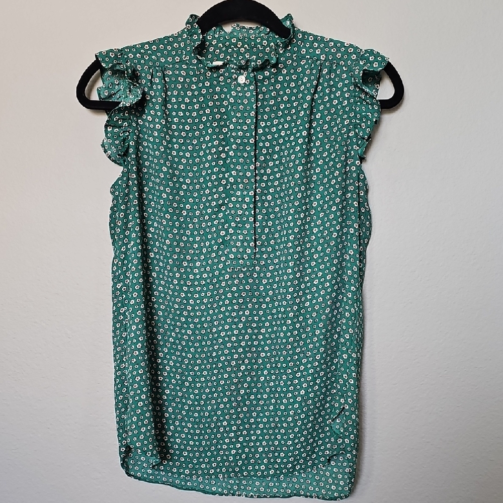 LOFT Garden Floral Ruffle Sleeve Quarter Button Sleeveless Blouse XS